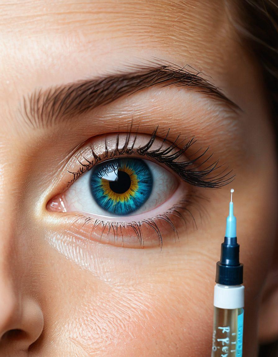 A close-up of a pair of bright, expressive eyes surrounded by various eye care products like drops, glasses, and a colorful eye chart. Include a soft, glowing light to symbolize clarity and vision improvement, with a calming nature background to evoke tranquility. The overall feel should inspire confidence in eye care and self-care. super-realistic. vibrant colors. soft focus.